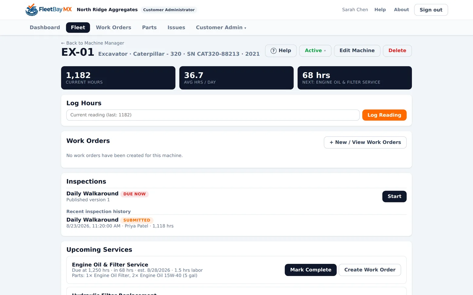 Machine page for excavator EX-01 showing current hours, average hours per day, next service countdown, inspections, and upcoming services with estimated dates
