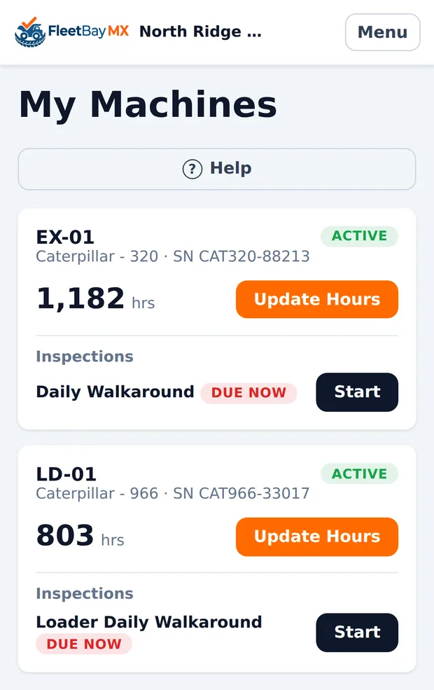 Operator's My Machines phone view with two assigned machines, hour logging, and daily walkaround inspections due